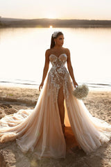 Designer Sweetheart Long A-line Glitter Lace Wedding Dress With Slit-BMbride.com