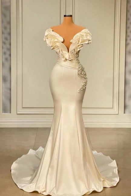 Designer White Long Pearl Ruffle Evening Dresses-BMbride.com