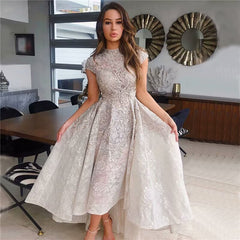 A-Line Sequin Appliques Prom Dress, Long Pleated with Short Sleeves