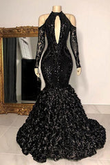 Dignified Black Halter Long Sleeve Transparent lace Beading Floor-length Mermaid Prom Dresses-BMbride.com