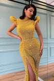 Yellow High Neck Beaded Mermaid Prom Dress with Split BM bride