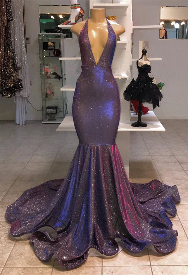 V-Neck Halter Mermaid Evening Dress with Sequins BM bride