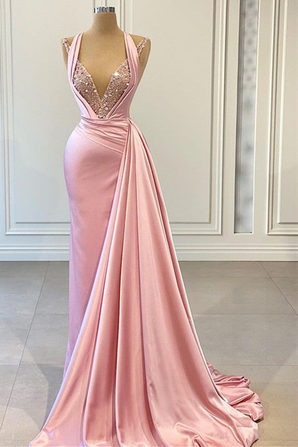 Elegant Pink Halter Mermaid Prom Dress with Shining V Neck BM bride