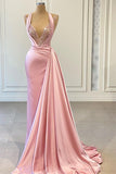 Elegant Pink Halter Mermaid Prom Dress with Shining V Neck BM bride