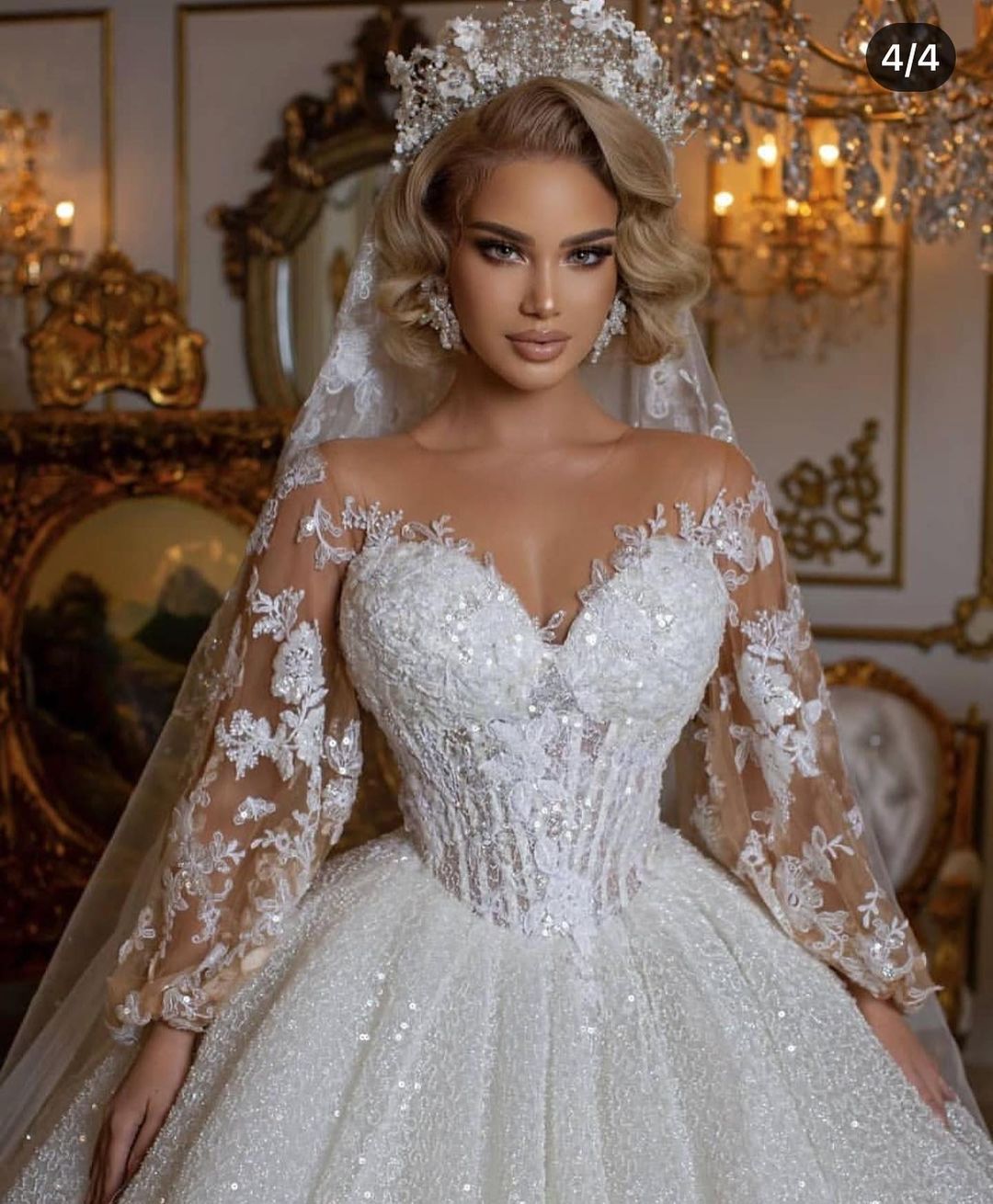 Luxury Long Ball Gown with Puffy Sleeves and Appliques BM bride