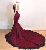 Burgundy Black V-Neck Mermaid Evening Dress Halter with Applique BM bride