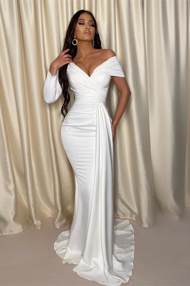 Chic White Evening Dress One-Shoulder Off-the-Shoulder with Pleats BM bride