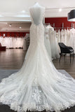 White Open Back Long Mermaid Wedding Dress with Tulle Lace BM bride