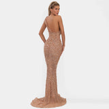 Luxury Crystal Diamante Mermaid Prom Dress Long Backless Sleeveless Evening Gowns BM bride