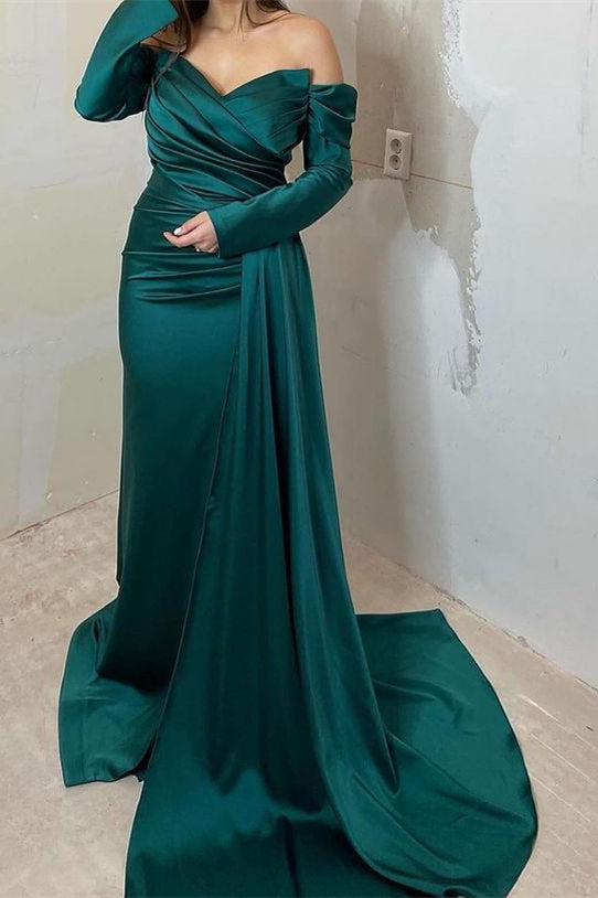 Off-The-Shoulder Sweetheart Long Sleeve Front Split Mermaid Evening Dress with Ruffle BM bride