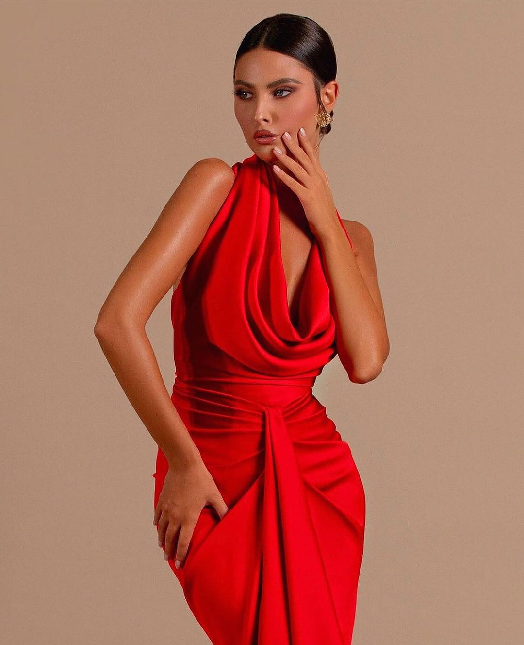 Red Halter Open Back Long Sleeveless Mermaid Prom Dress BM bride