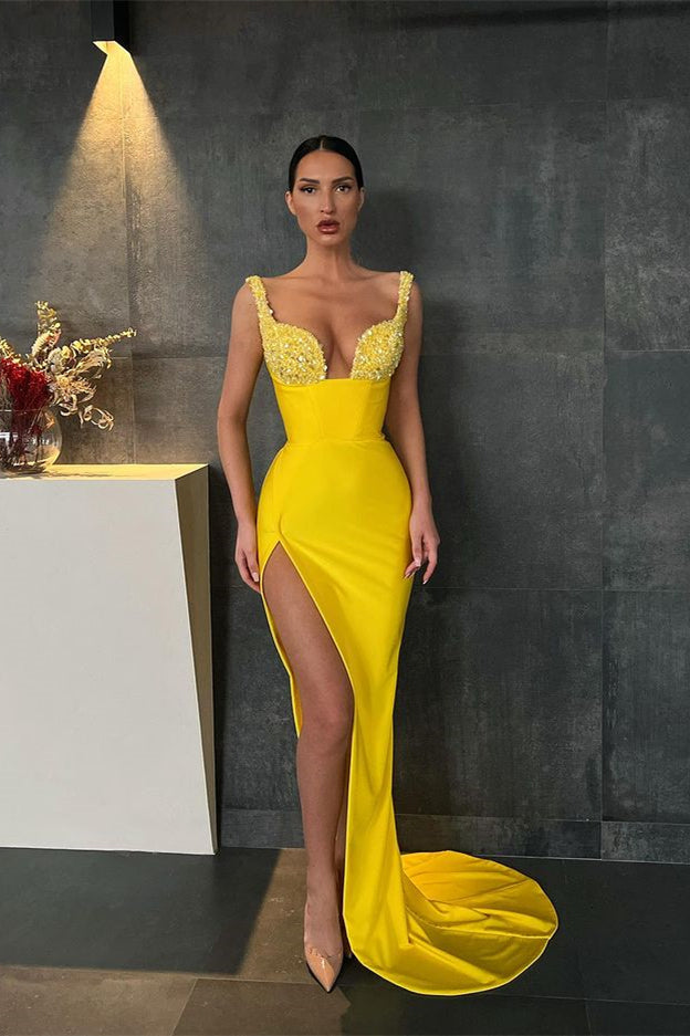 Yellow Sequin Straps Mermaid Prom Dress with Slit BM bride