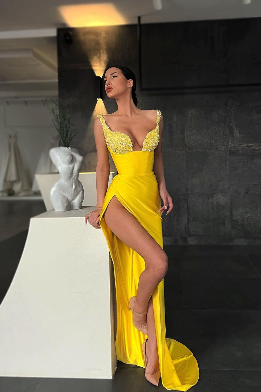 Yellow Sequin Straps Mermaid Prom Dress with Slit BM bride