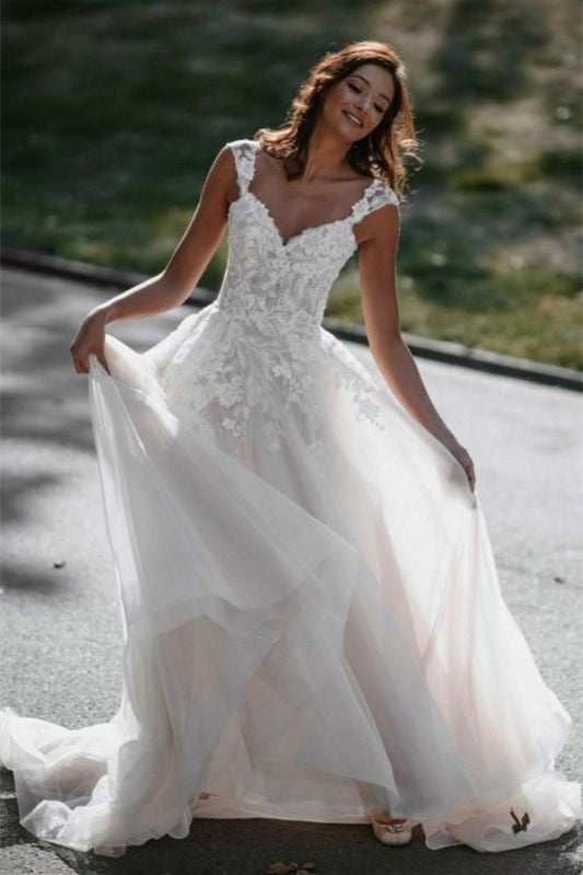 Cap Sleeve Tulle Lace A-Line Wedding Dress BM bride