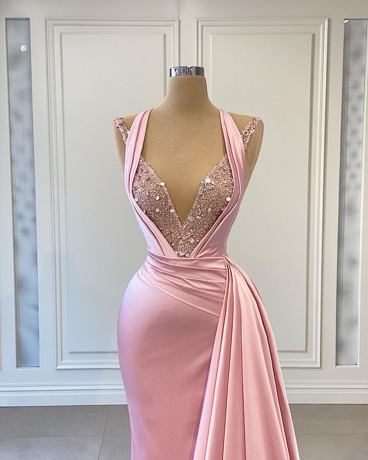 Elegant Pink Halter Mermaid Prom Dress with Shining V Neck BM bride