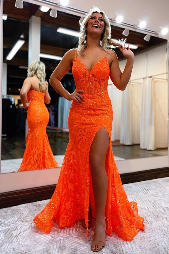 Orange A-Line Evening Dress V Neck with Appliques and Slit BM bride