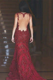 Burgundy Mermaid Evening Dress with Lace Appliques BM bride