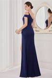 Navy Blue Mermaid Evening Dress with Off-the-Shoulder and Front Split BM bride