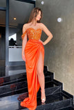 Orange Sweetheart One Shoulder Prom Dress Sequins Mermaid Long with Split BM bride