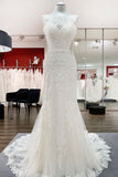 White Open Back Long Mermaid Wedding Dress with Tulle Lace BM bride