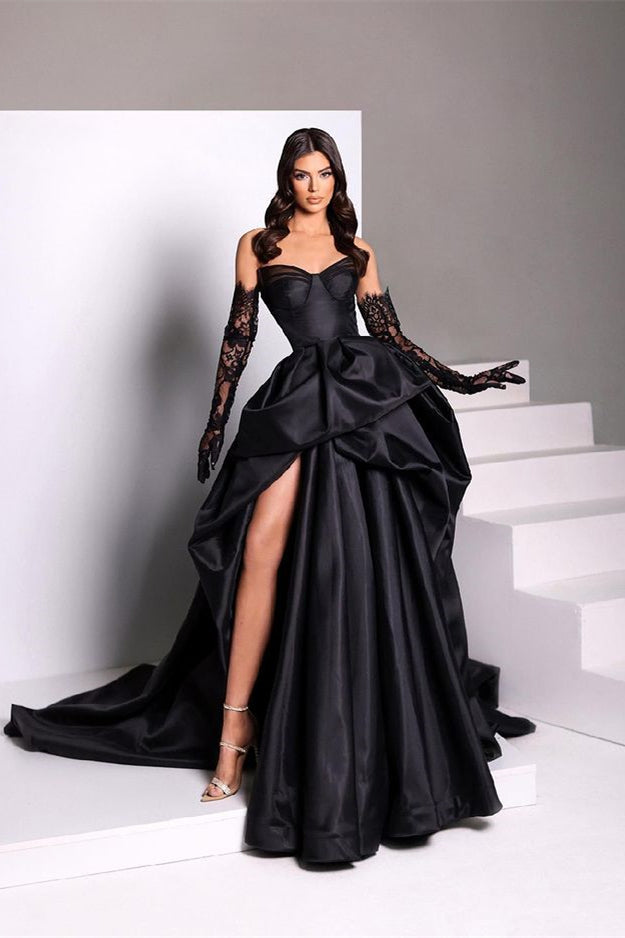 Black Sweetheart Taffeta Slit Prom Dress with Long Lace Gloves BM bride