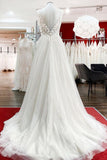 Modest Long A-Line V-Neck Tulle Ruffle Backless Wedding Dress with Lace BM bride