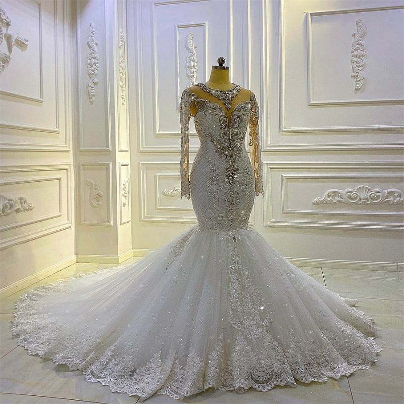 Jewel Neck Long Sleeve Mermaid Wedding Dress with Beading and Appliques BM bride