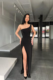 One Shoulder Black Mermaid Split Prom Dress BM bride