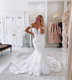 Off-The-Shoulder Long Mermaid Wedding Dress With Backless Design Lace BM bride