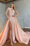 Light Pink Long Sleeve High Collar Mermaid Evening Dress with Sequin Split BM bride