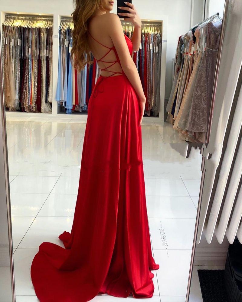 Red V-Neck Prom Dress with Split BM bride