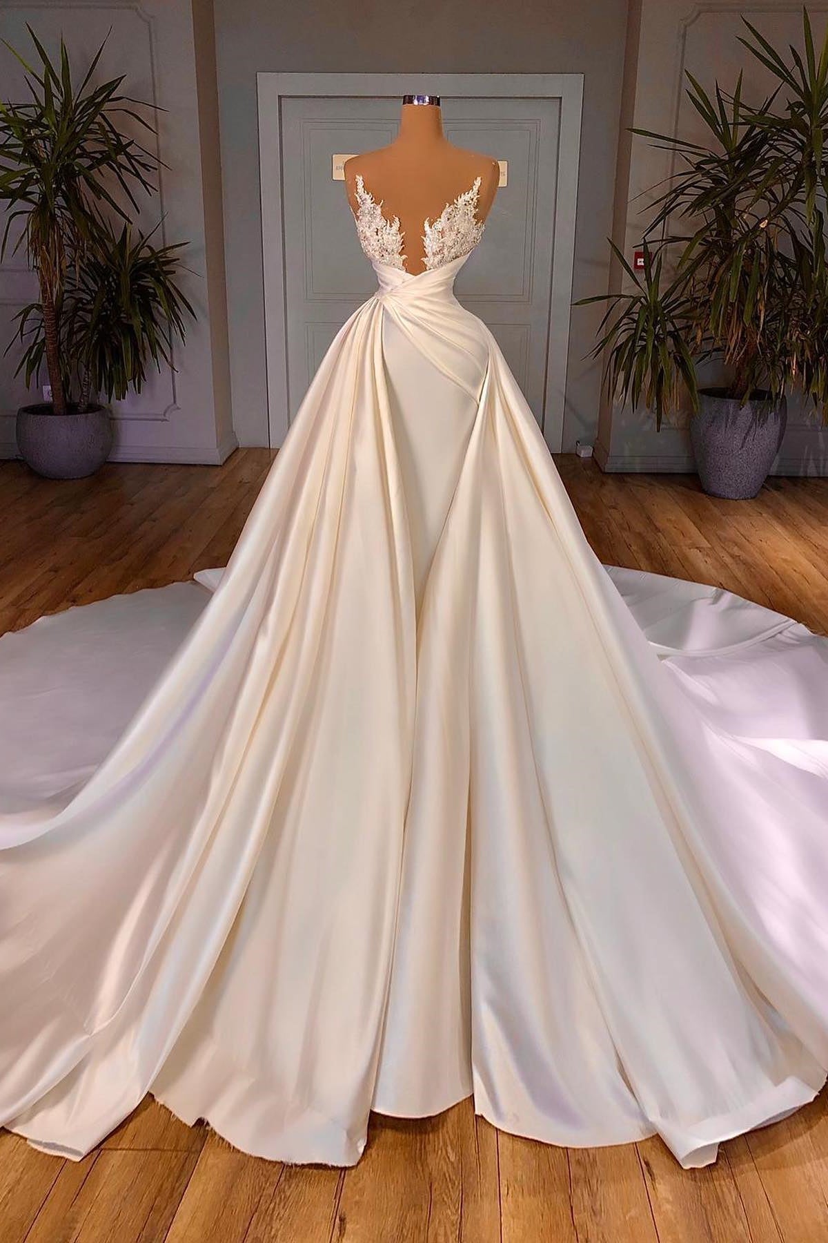 Elegant A-Line Cathedral Sleeveless V-neck Long Wedding Dress-BMbride.com