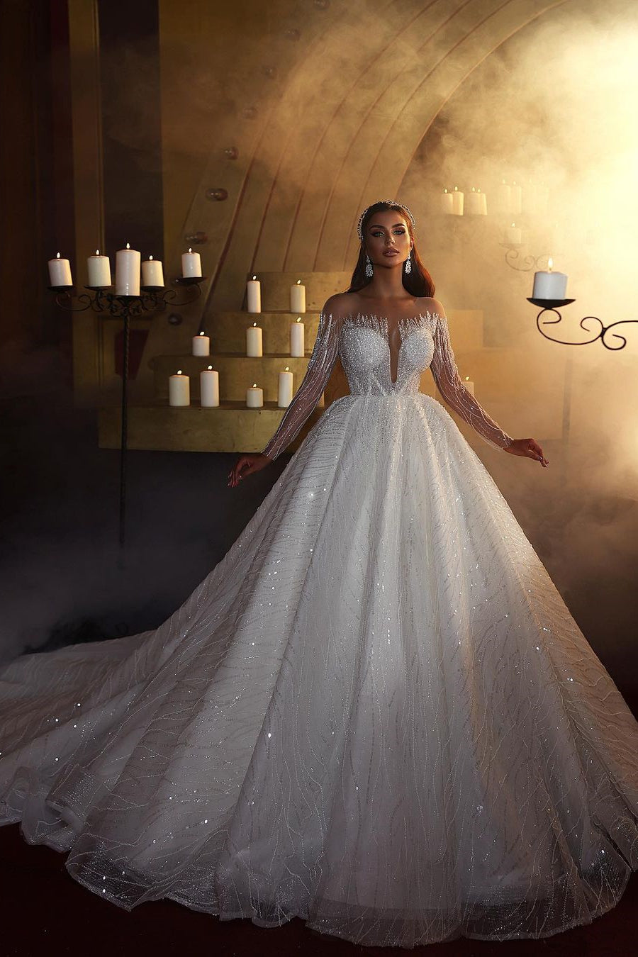 Elegant A-line Off-the-shoulder Long Sleeves V-neck Wedding Dress With Lace-BMbride.com