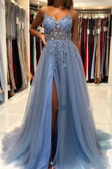 Elegant Blue Long Evening Dresses Beadings Prom Dresses With Slit-BMbride.com