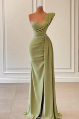 Elegant Green One-shoulder Sleeveless Mermaid Chiffon Prom Dresses with Beadings-BMbride.com