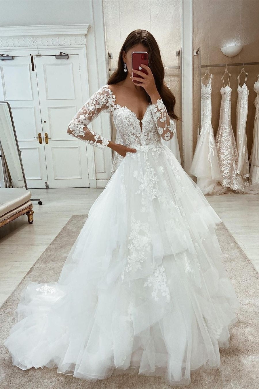 Elegant Long White A-line Appliques Long Sleeves Wedding Dress With Lace-BMbride.com