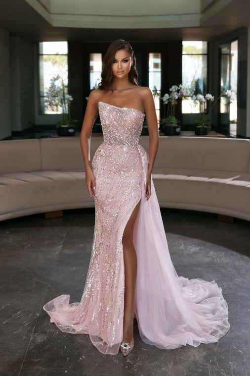 Elegant Pink Sequined Sleeveless Long Mermaid Prom Dress With Slit-BMbride.com