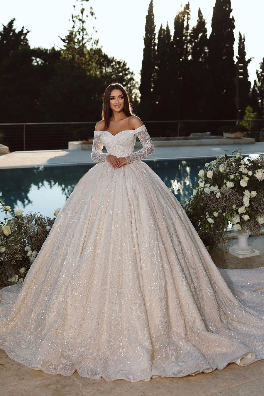 Elegant Princess Off-the-shoulder A-line Ball Gown Wedding Dress With Long Sleeves-BMbride.com