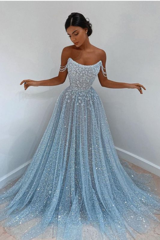 Elegant Sleeveless Blue Lace Prom Dress Long-BMbride.com