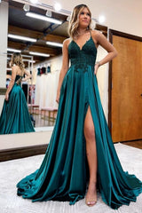 Elegant Spaghetti Straps A-Line Prom Dresses Evening Gowns With Slit-BMbride.com