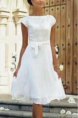 Elegant White A-line Chiffon Wedding Dress With Short Sleeve-BMbride.com