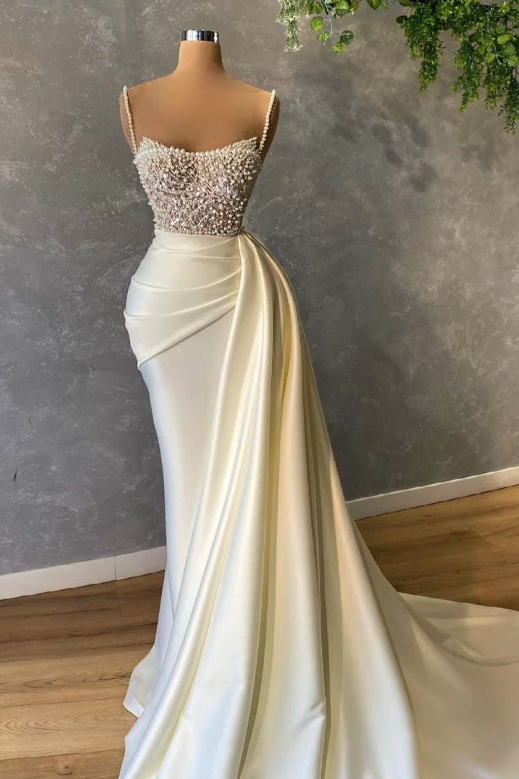 Elegant White Sequined Sleeveless Mermaid Wedding Dresses With Pearl-BMbride.com