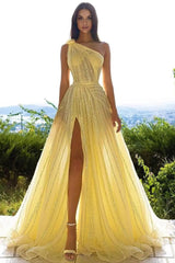 Elegant Yellow One Shoulder Sequined A-line Prom Dress With Slit-BMbride.com