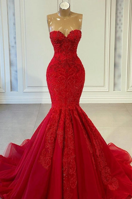 Exquisite Red Sequins Sweetheart Sleeveless Mermaid Prom Dresses-BMbride.com