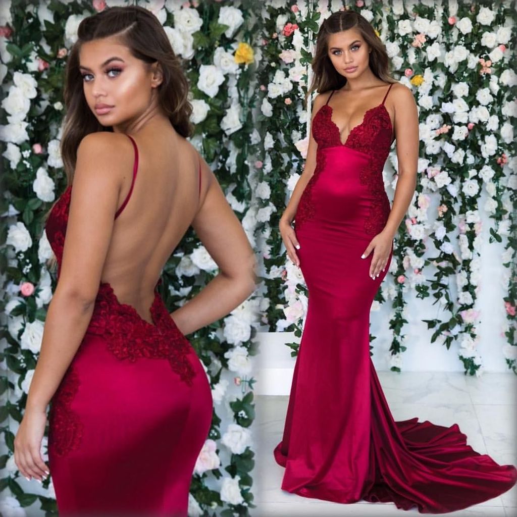 Burgundy Mermaid Lace Prom Dress Long BM bride