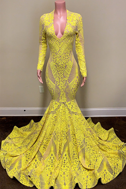 Evening Dress Yellow Mermaid Long Sleeves with Appliques BM bride