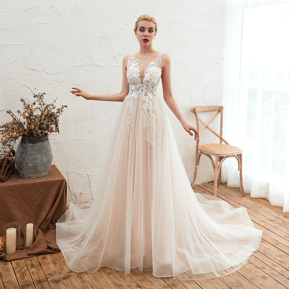 Delicate A-Line Bateau Tulle Open Back Wedding Dress with Floral Lace BM bride