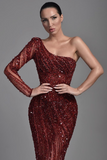 Burgundy One-Shoulder Heavy Sequins Mermaid Evening Dress BM bride