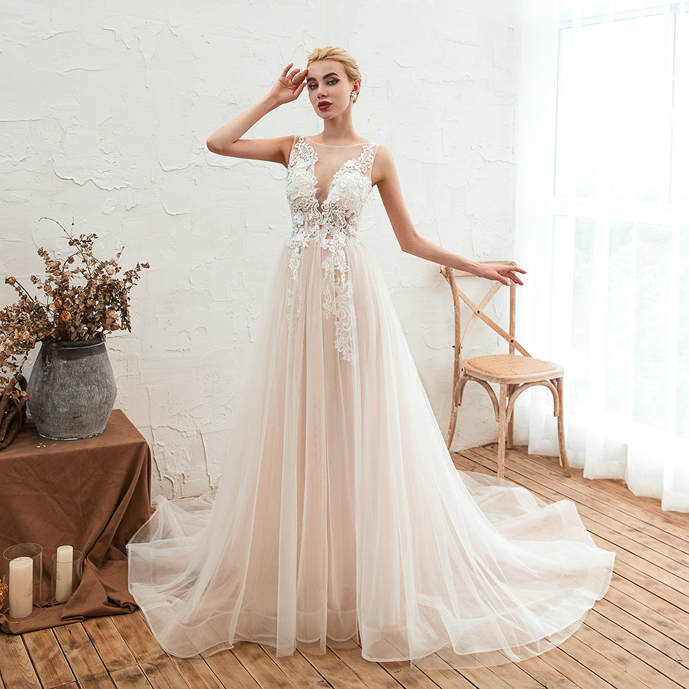 Delicate A-Line Bateau Tulle Open Back Wedding Dress with Floral Lace BM bride