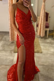 Red Spaghetti-Strap Evening Dress with Sequin Split BM bride